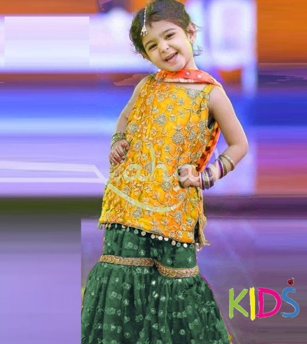 Lameesa kids Embroidered lawn with patchwork in Urobilin & Viridian