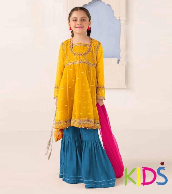 Lameesa kids Embroidered lawn with patchwork in Meat brown & prussian blue)