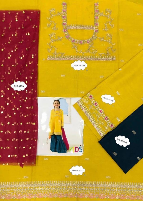 Lameesa kids Embroidered lawn with patchwork in Meat brown & prussian blue) - Image 2