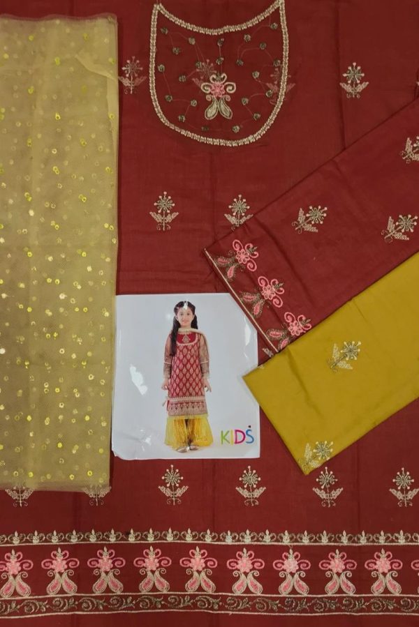 Lameesa kids Embroidered lawn with patchwork in Rosewood & dark goldenrod - Image 2