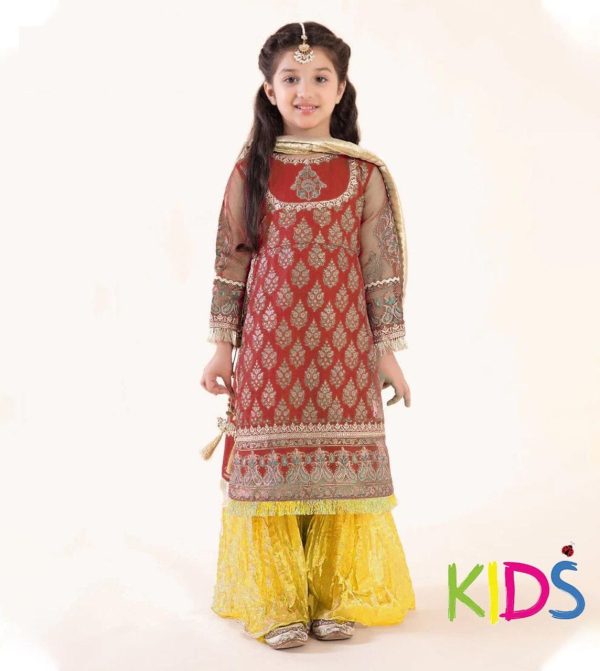 Lameesa kids Embroidered lawn with patchwork in Rosewood & dark goldenrod