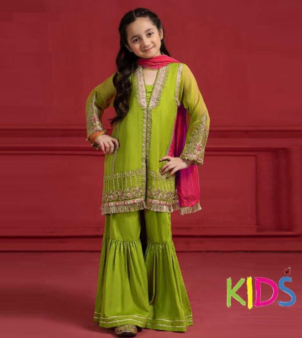 Lameesa kids Embroidered lawn with patchwork in Dark olive green
