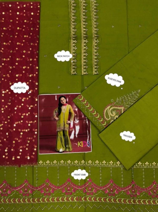 Lameesa kids Embroidered lawn with patchwork in Dark olive green - Image 2