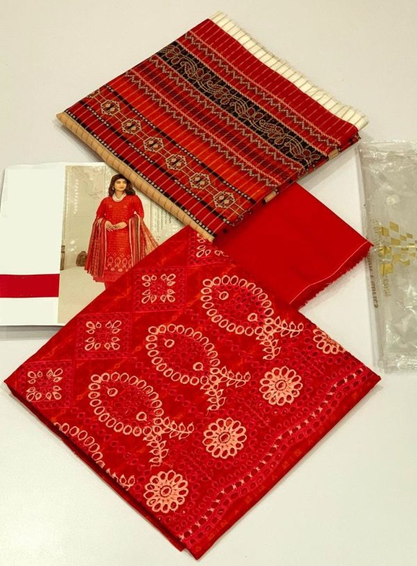 Lameesa delicate embroidery with boring daman printed lawn - Mordant Red 19