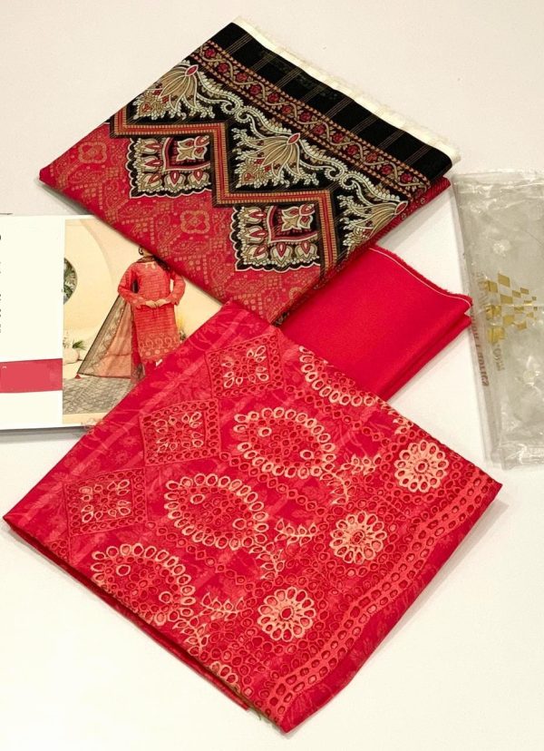 Lameesa delicate embroidery with boring daman printed lawn - Medium Candy Apple Red