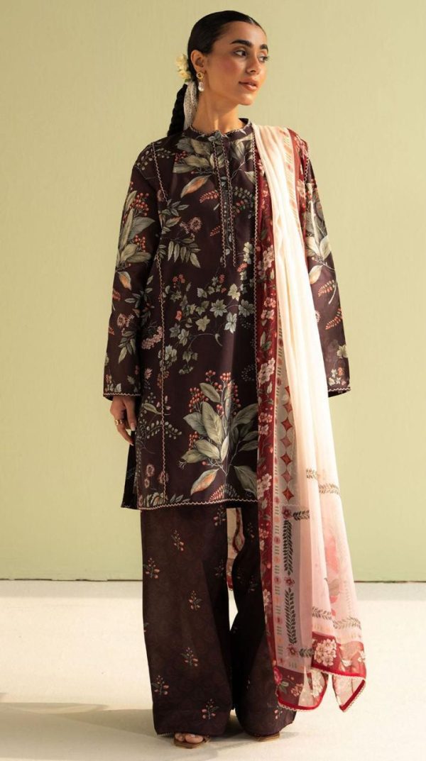 Lameesa Printed seal brown Lawn Suit with Voile Dupatta