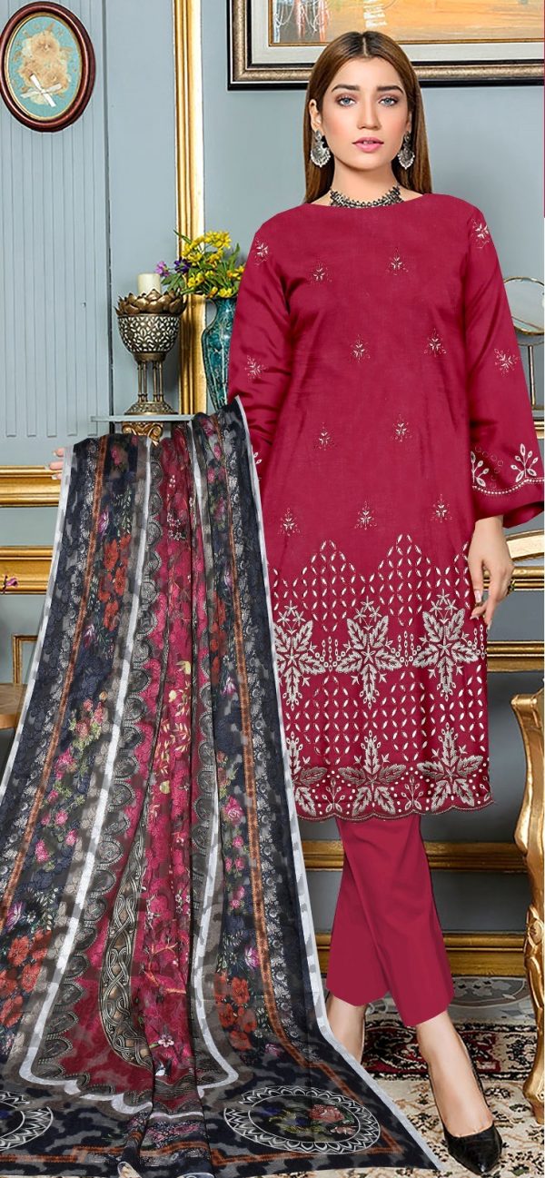 Lameesa 3PC Fancy Lawn Embroidery festival Collection in deep carmine