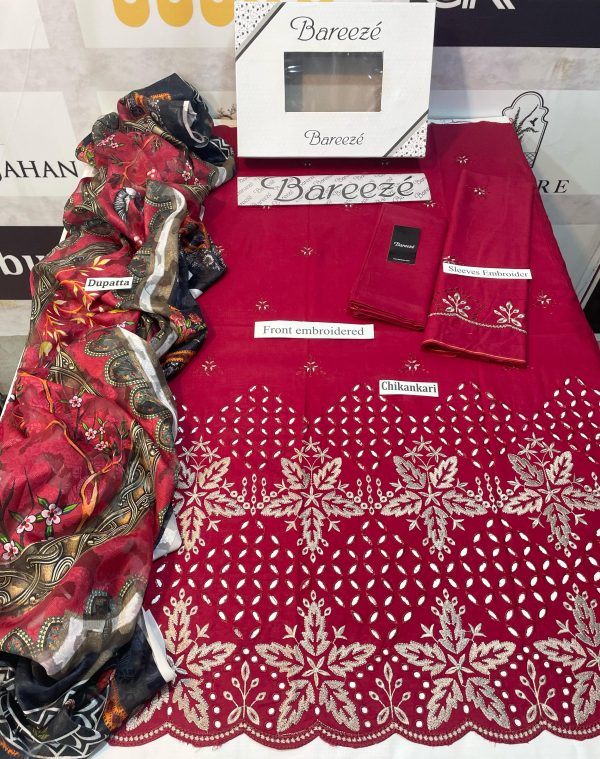 Lameesa 3PC Fancy Lawn Embroidery festival Collection in deep carmine - Image 2