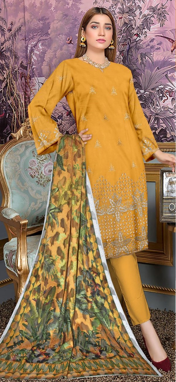 Lameesa 3PC Fancy Lawn Embroidery festival Collection in indian yellow