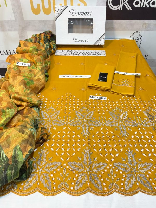 Lameesa 3PC Fancy Lawn Embroidery festival Collection in indian yellow - Image 2