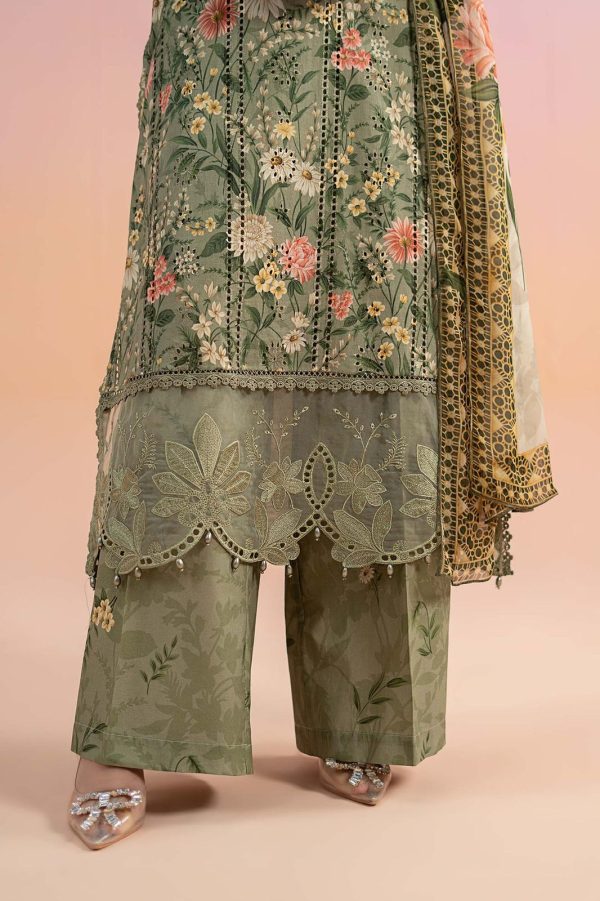 LAMEESA Embroidered green Lawn Suit with Chiffon Dupatta - Image 3