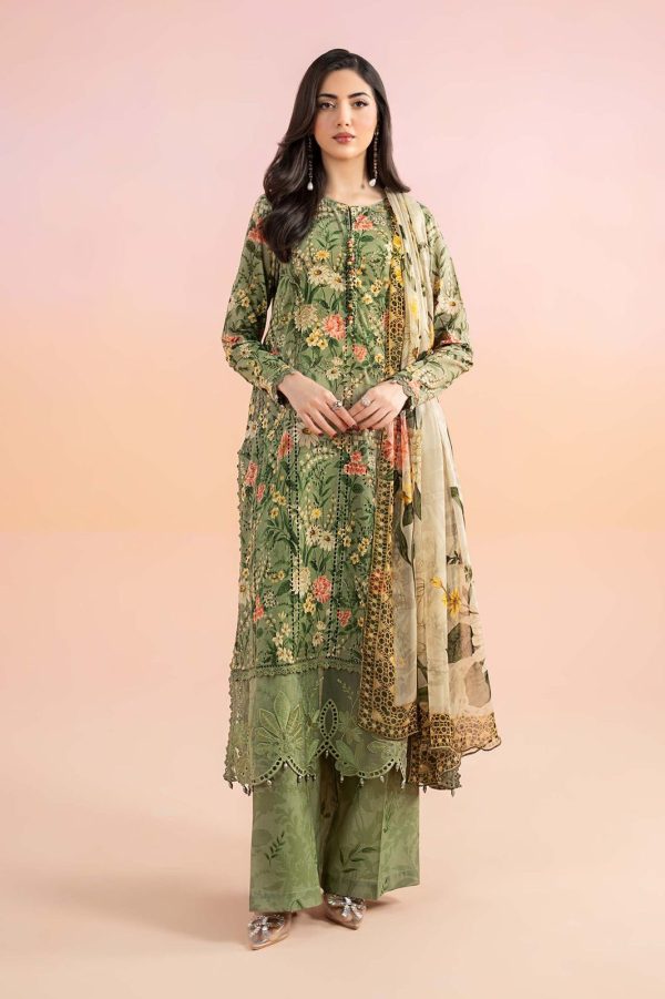 LAMEESA Embroidered green Lawn Suit with Chiffon Dupatta