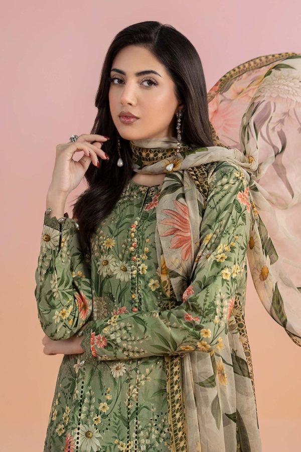 LAMEESA Embroidered green Lawn Suit with Chiffon Dupatta - Image 2