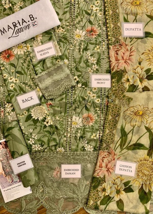 LAMEESA Embroidered green Lawn Suit with Chiffon Dupatta - Image 5