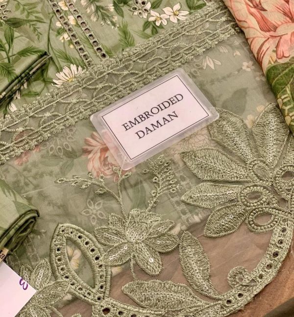 LAMEESA Embroidered green Lawn Suit with Chiffon Dupatta - Image 4