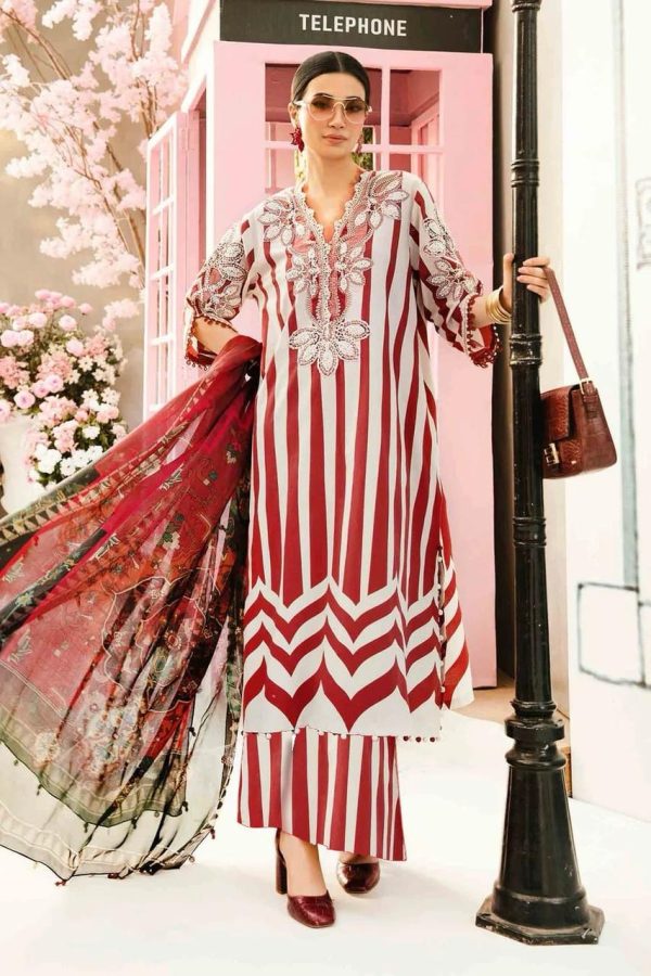 Lameesa printed lawn front adorned with heavy embroidered spangle neckline, red