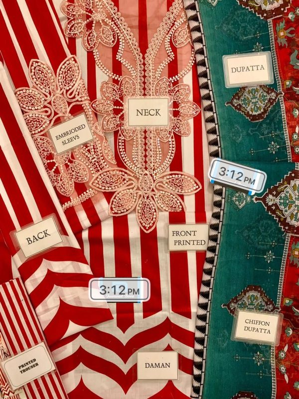 Lameesa printed lawn front adorned with heavy embroidered spangle neckline, red - Image 6